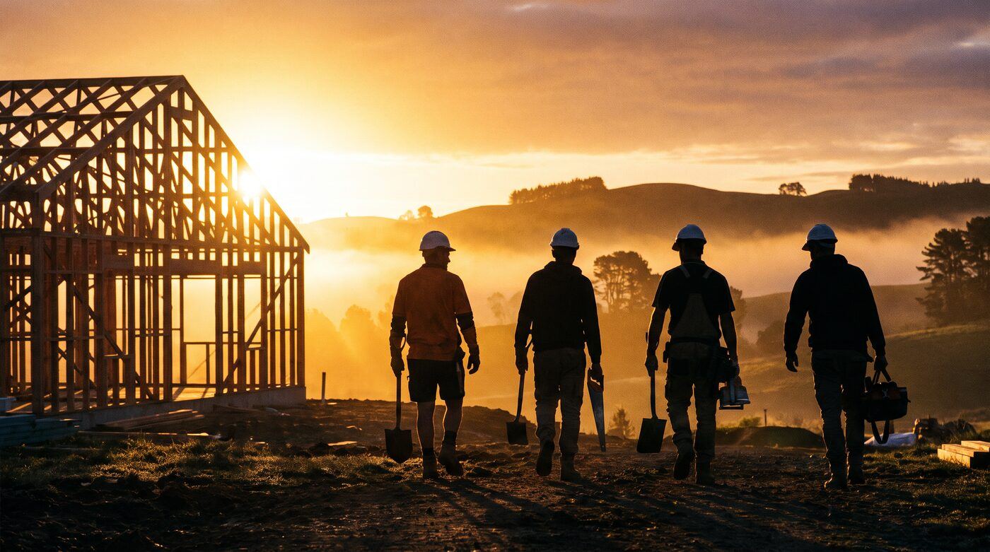 Construction crew carrying tools across a site at dawn